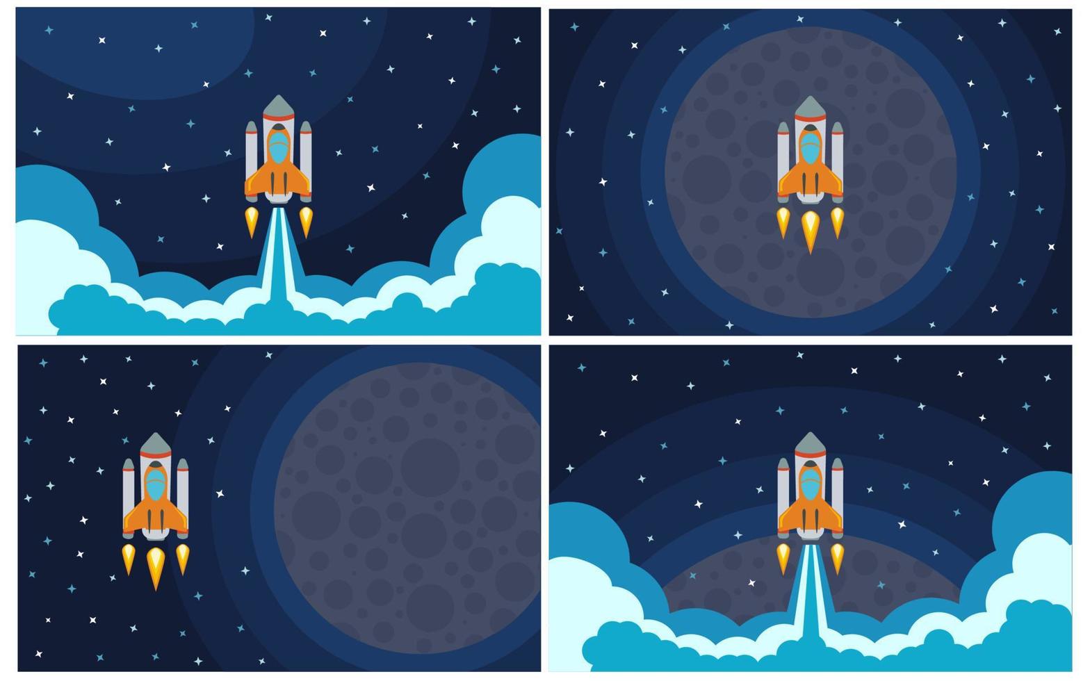 Set of four vector illustration with flying rocket. Space travel.