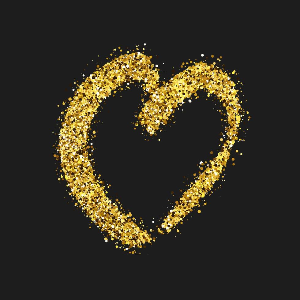 Gold glitter doodle heart on dark background. Gold grunge hand drawn heart. Romantic love symbol. Vector illustration.