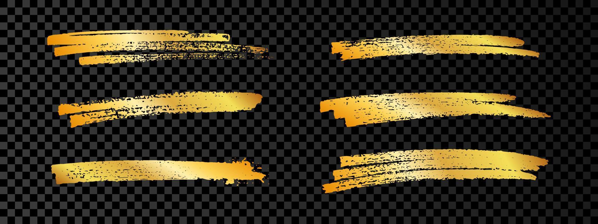Gold paint brush smear stroke. Set of six abstract gold glittering sketch scribbles smears on dark background. Vector illustration.