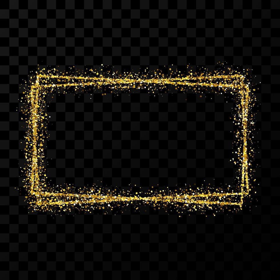 Gold double rectangle frame. Modern shiny frame with light effects isolated on dark vector