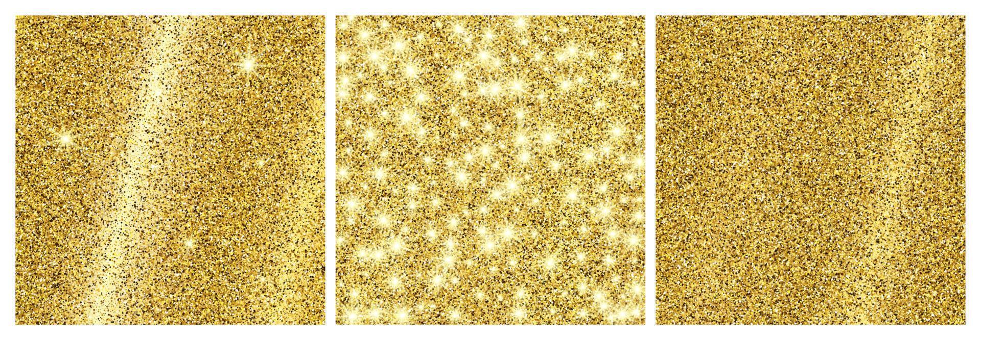 Set of three golden glittering backgrounds with gold sparkles and glitter effect. Empty space for your text. Vector illustration