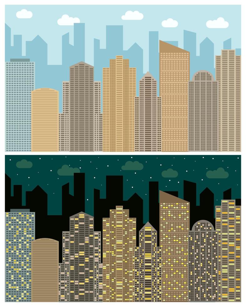 Street view with cityscape, skyscrapers and modern buildings in the day and night. Vector urban landscape illustration.