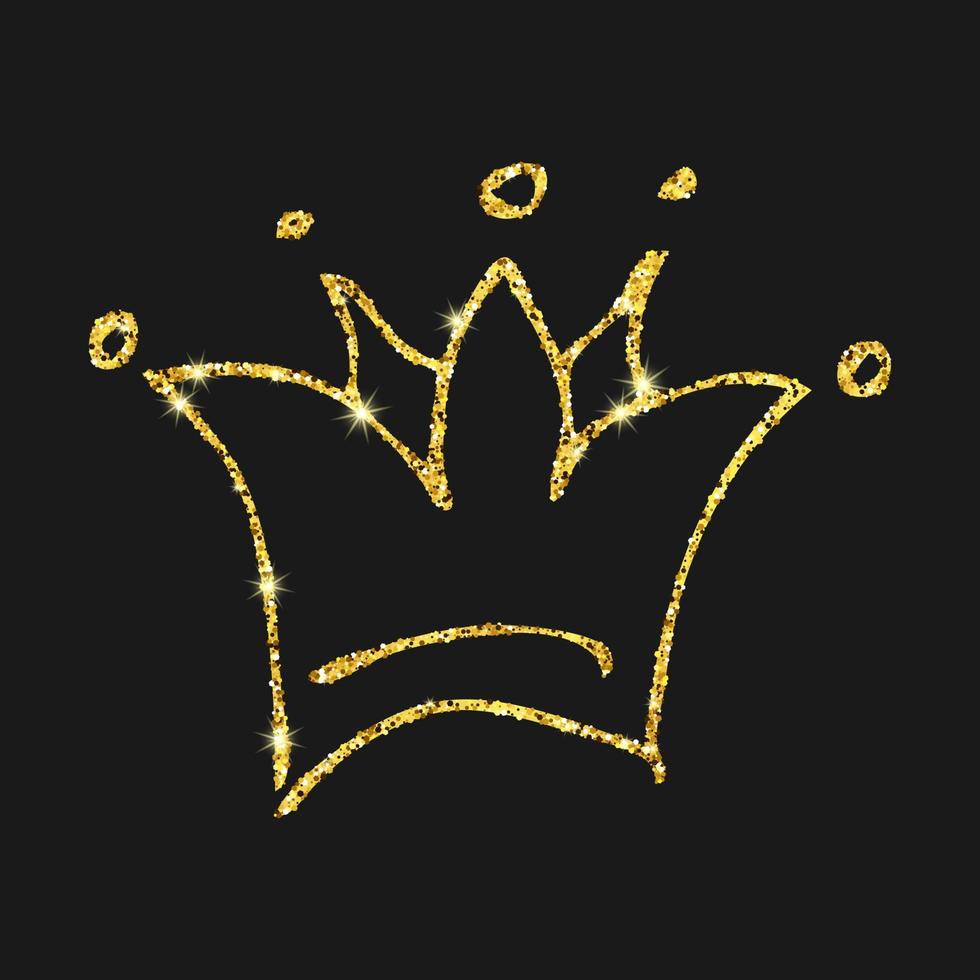 Gold glitter hand drawn crown. Simple graffiti sketch queen or king crown. Royal imperial coronation and monarch symbol isolated on dark background. Vector illustration.
