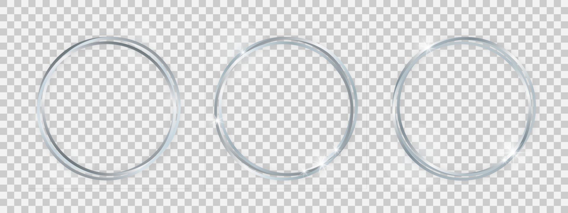 Double round shiny frames with glowing effects. Set of three silver double round frames with shadows vector