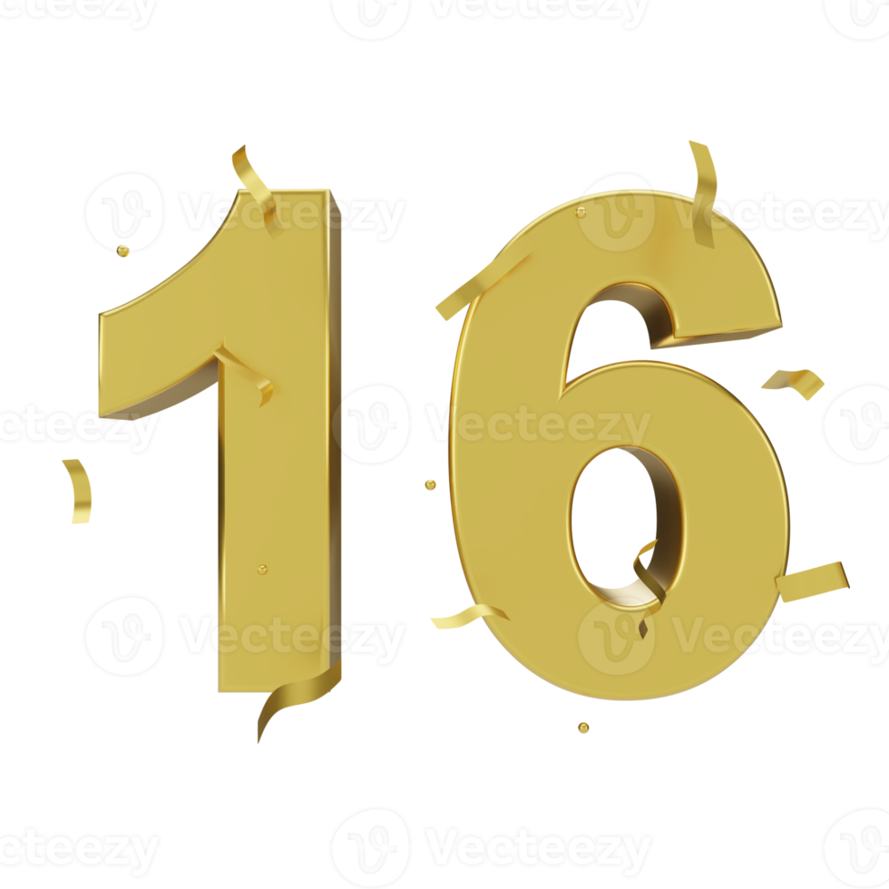 gold 16 number with confetti png