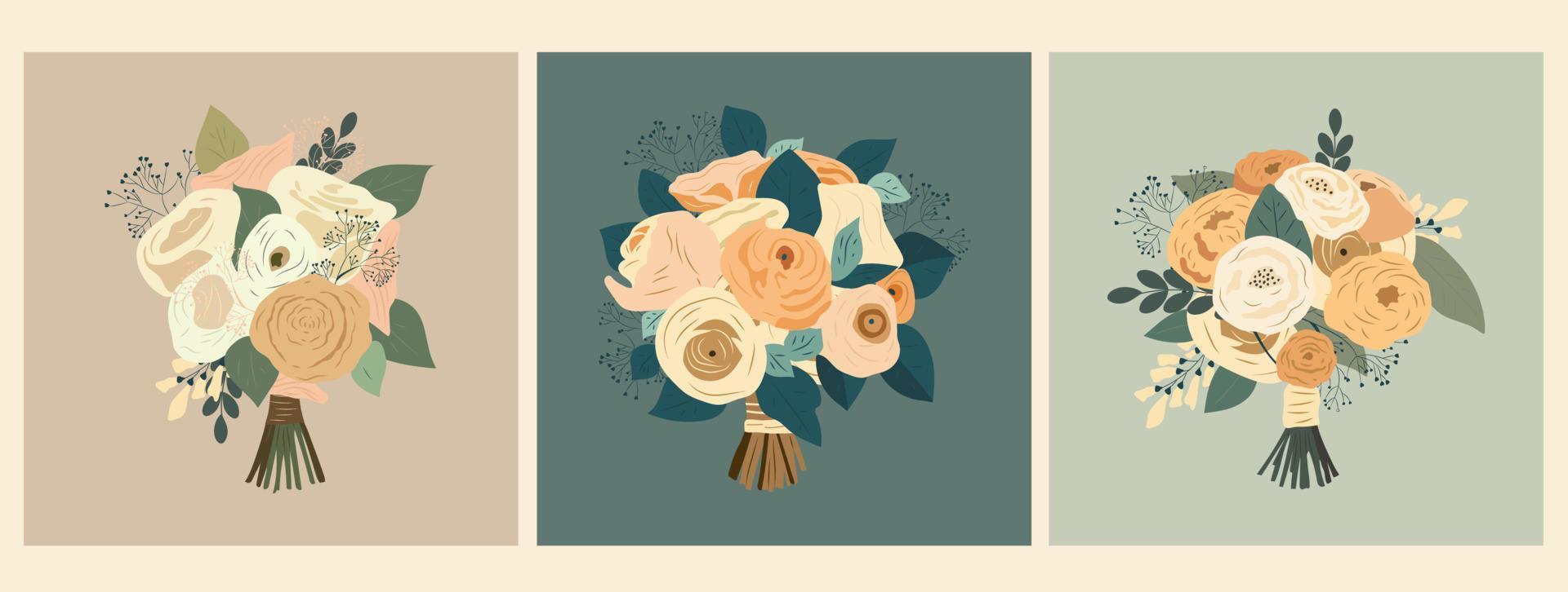 conjunto con Tres Boda ramo. vector ilustración en plano dibujos animados estilo.