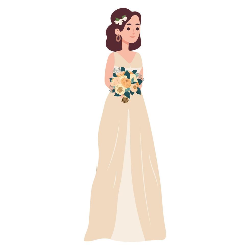 The bride with a wedding bouquet of flowers. Vector illustration in flat cartoon style.