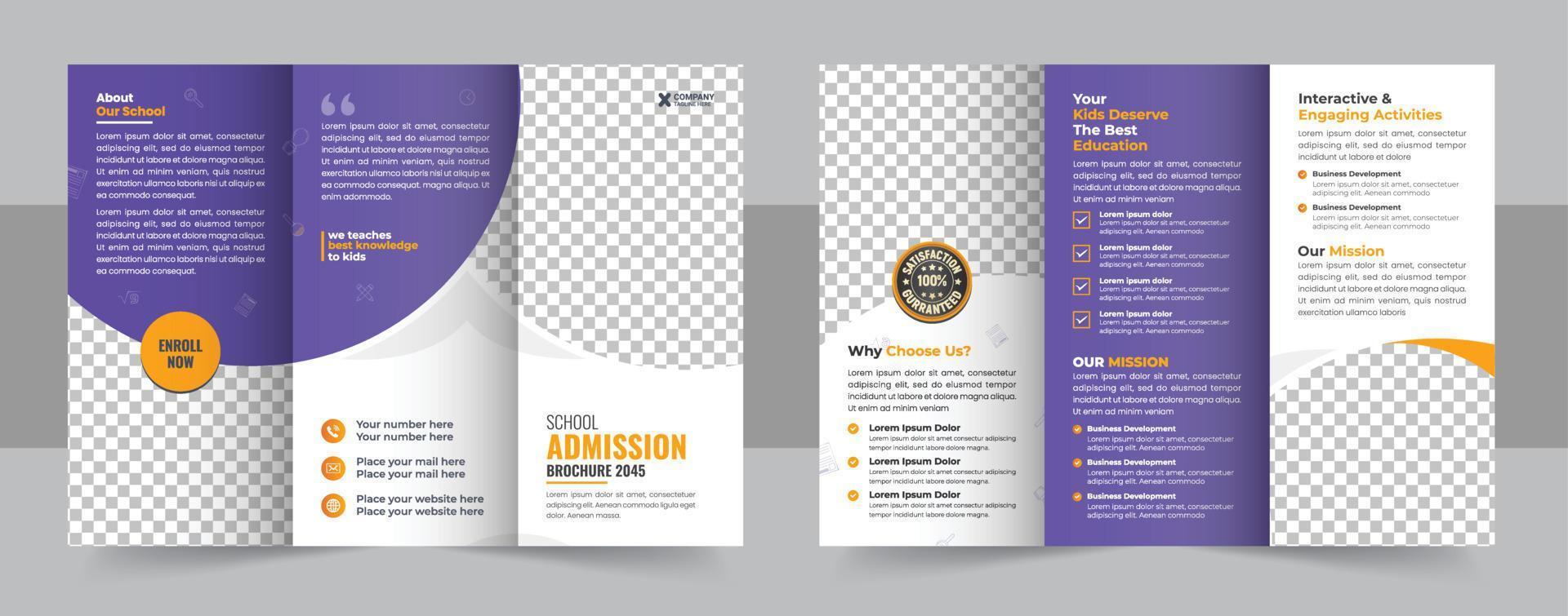 School Admission Tri-fold Brochure Template, Kids back to school education admission trifold brochure template, kids academy brochure template, abstract shapes for learning, teaching purpose vector