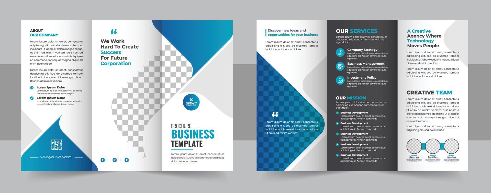 corporativo negocio tríptico folleto plantilla, creativo y profesional tri doblez folleto vector diseño, profesional folleto modelo