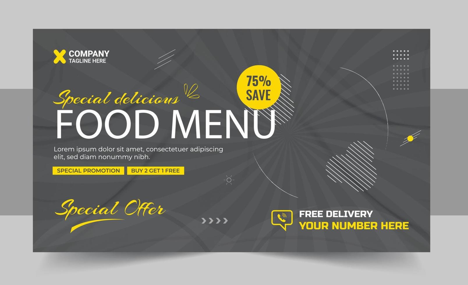 Restaurant food menu social media marketing web banner design. Pizza, burger or hamburger online sale promotion video thumbnail. Fast food website background. Food flyer with logo and business icon vector