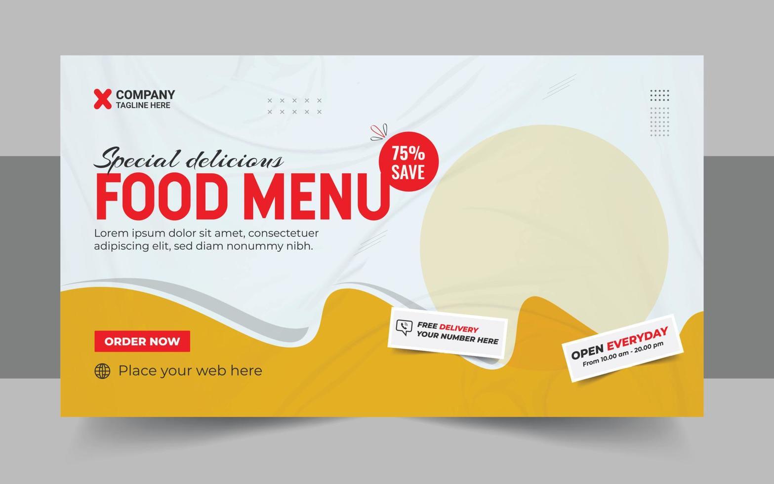 Restaurant food menu social media marketing web banner design. Pizza, burger or hamburger online sale promotion video thumbnail. Fast food website background. Food flyer with logo and business icon vector