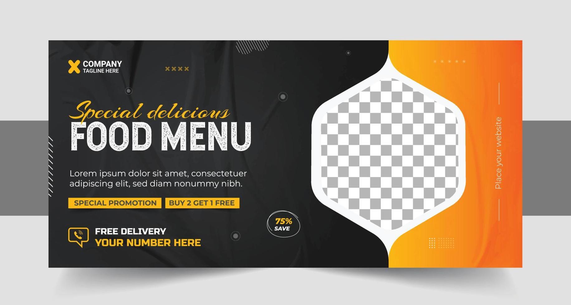 Restaurant food menu social media marketing web banner. Pizza, burger or hamburger online sale promotion video thumbnail. Fast food website background. Food flyer with logo vector