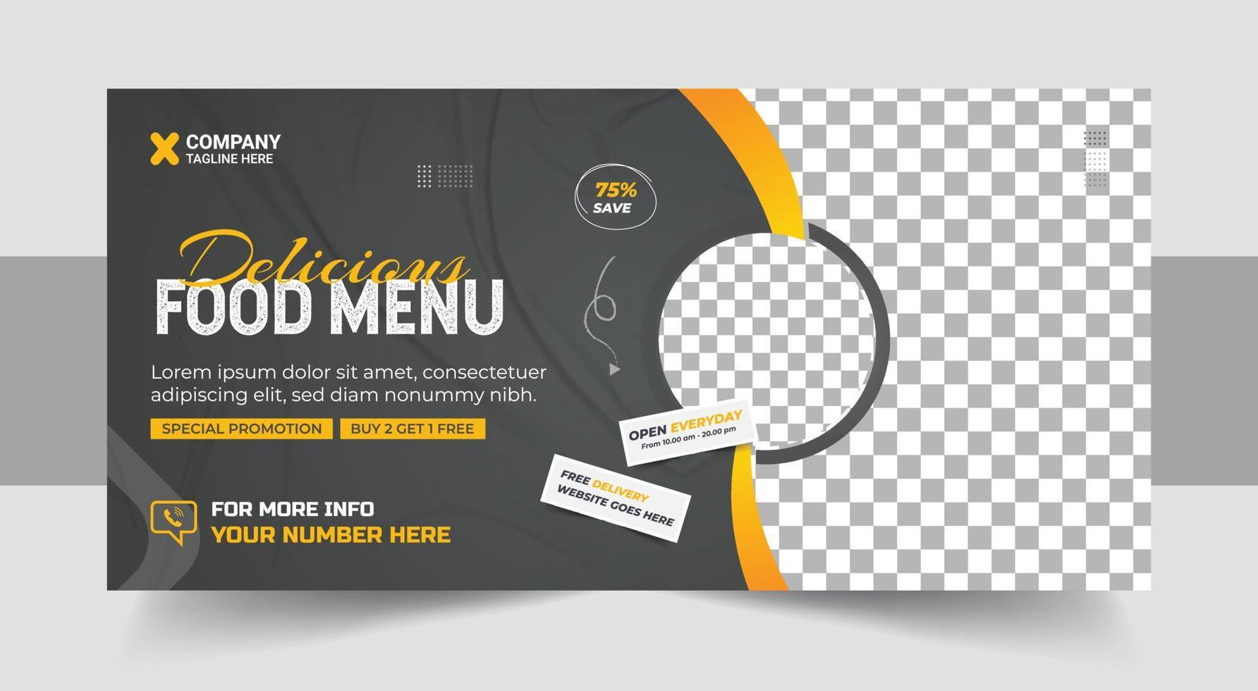 Restaurant food menu social media marketing web banner. Pizza, burger or hamburger online sale promotion video thumbnail. Fast food website background. Food flyer with logo vector