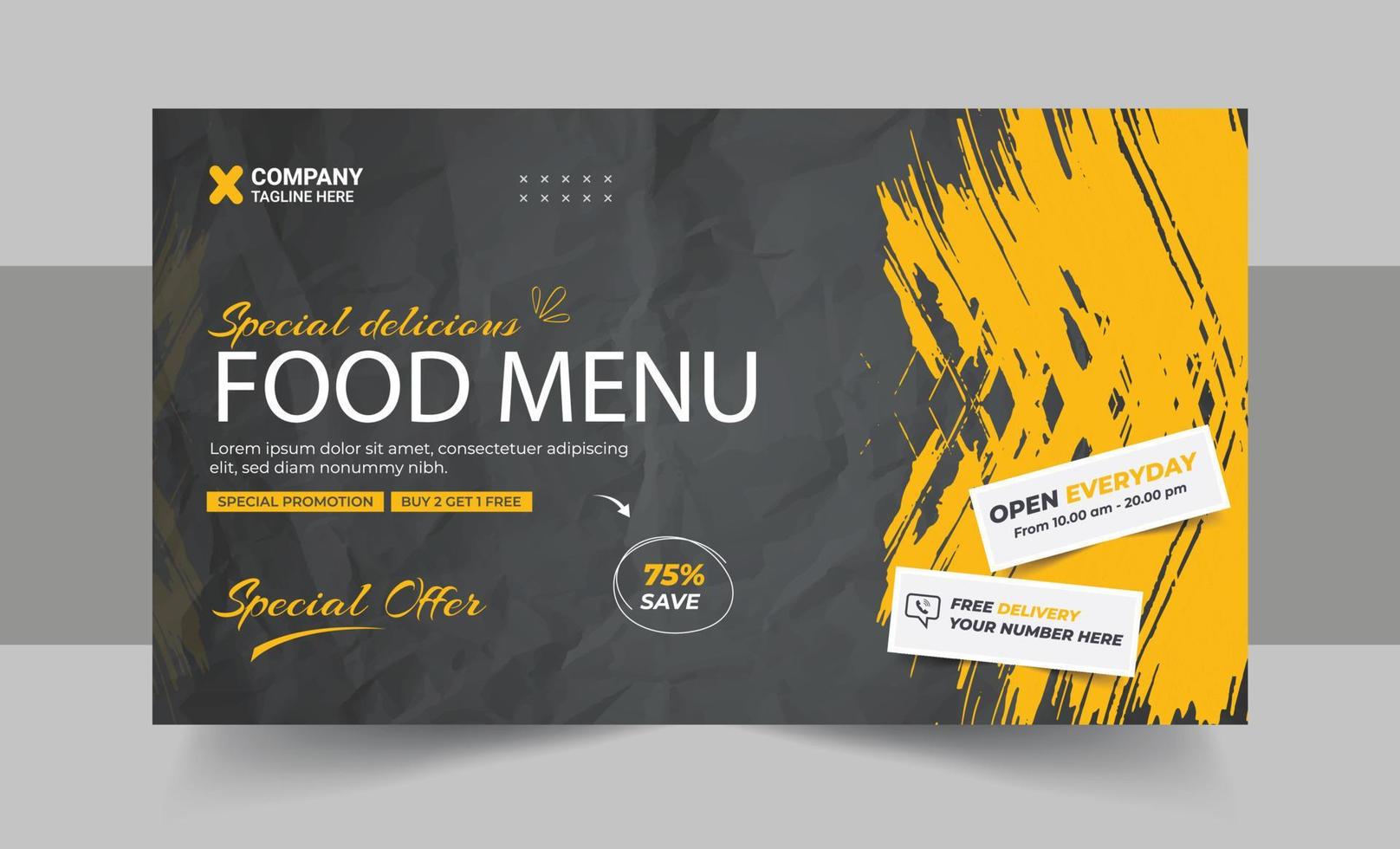 Restaurant food menu social media marketing web banner design. Pizza, burger or hamburger online sale promotion video thumbnail. Fast food website background. Food flyer with logo and business icon vector