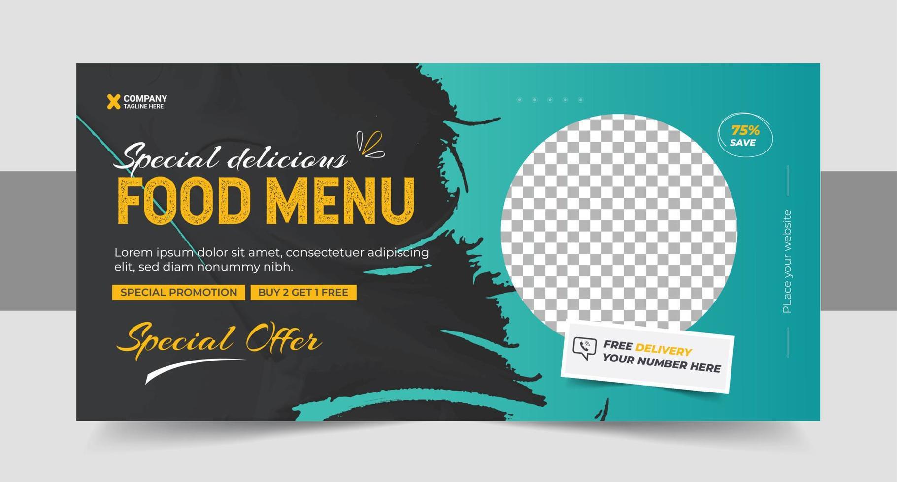 Restaurant food menu social media marketing web banner. Pizza, burger or hamburger online sale promotion video thumbnail. Fast food website background. vector