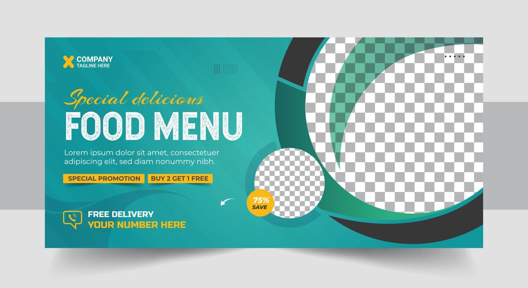 Restaurant food menu social media marketing web banner. Pizza, burger or hamburger online sale promotion video thumbnail. Fast food website background. Food flyer with logo vector