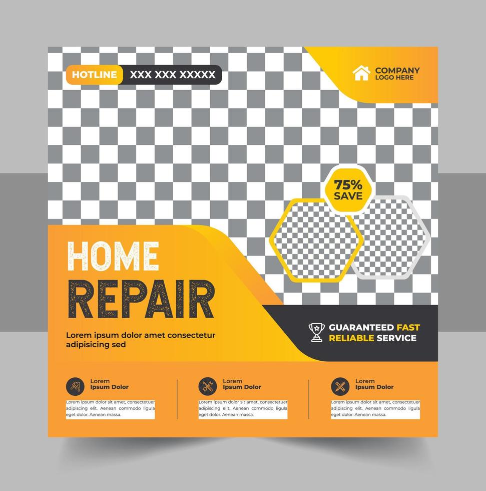 Construction social media post banner design Template with yellow color, Corporate construction tools social media post design, home improvement banner template, home repair social media post banner vector