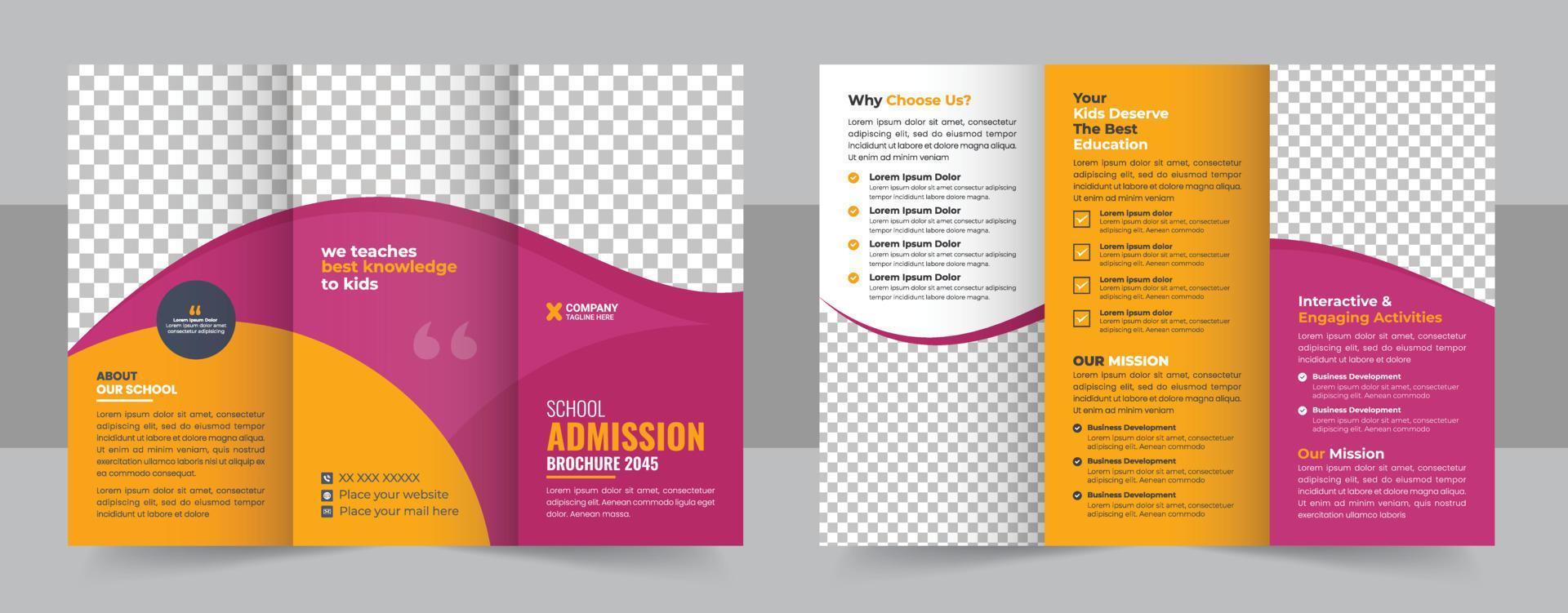 School trifold brochure template design, Kids back to school education admission trifold brochure template, kids academy brochure template layout, company profile template vector