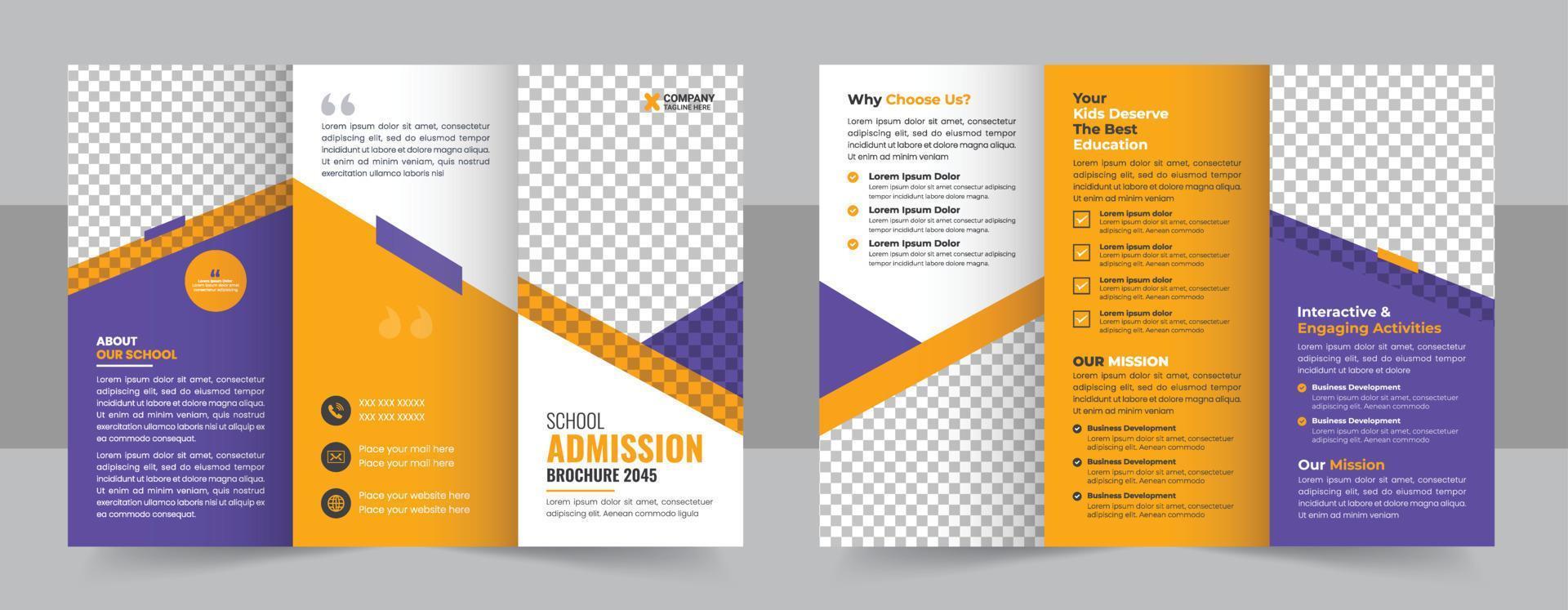 School trifold brochure template design, Kids back to school education admission trifold brochure template, kids academy brochure template layout, company profile template vector