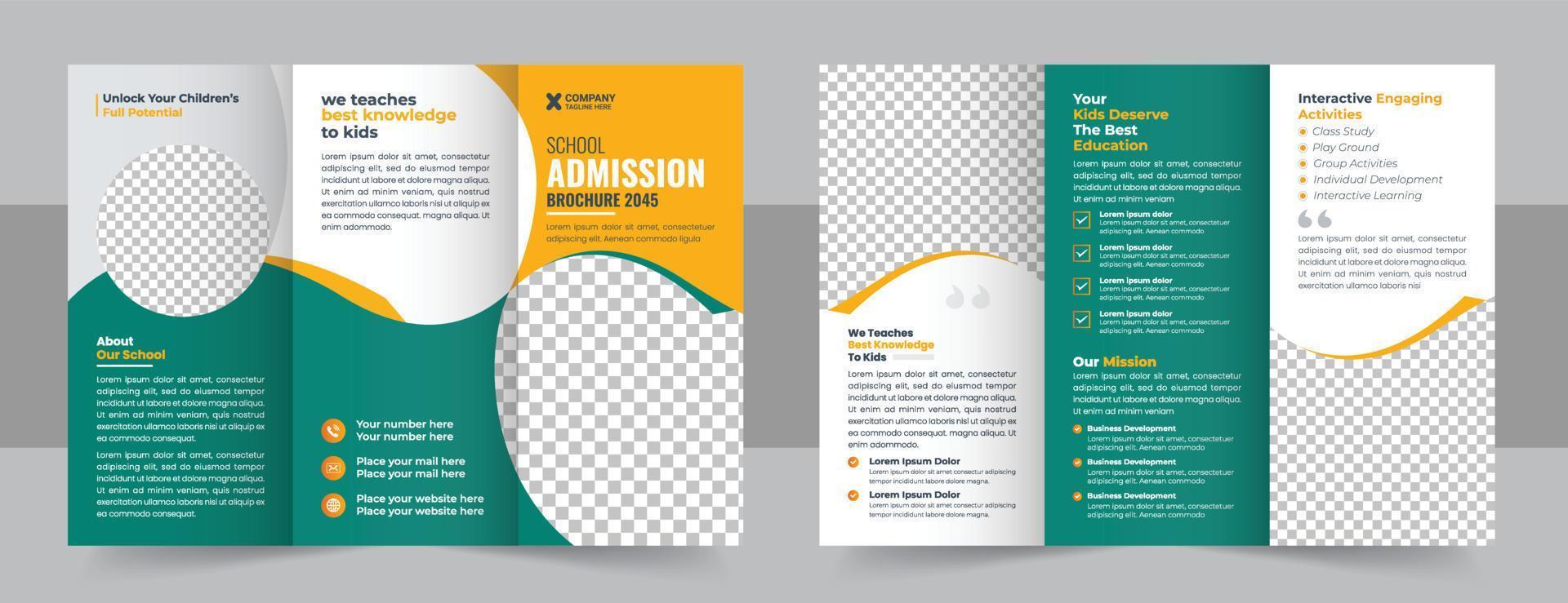 School Admission Tri-fold Brochure Template, Kids back to school education admission trifold brochure template, kids academy brochure template, abstract shapes for learning, teaching purpose vector