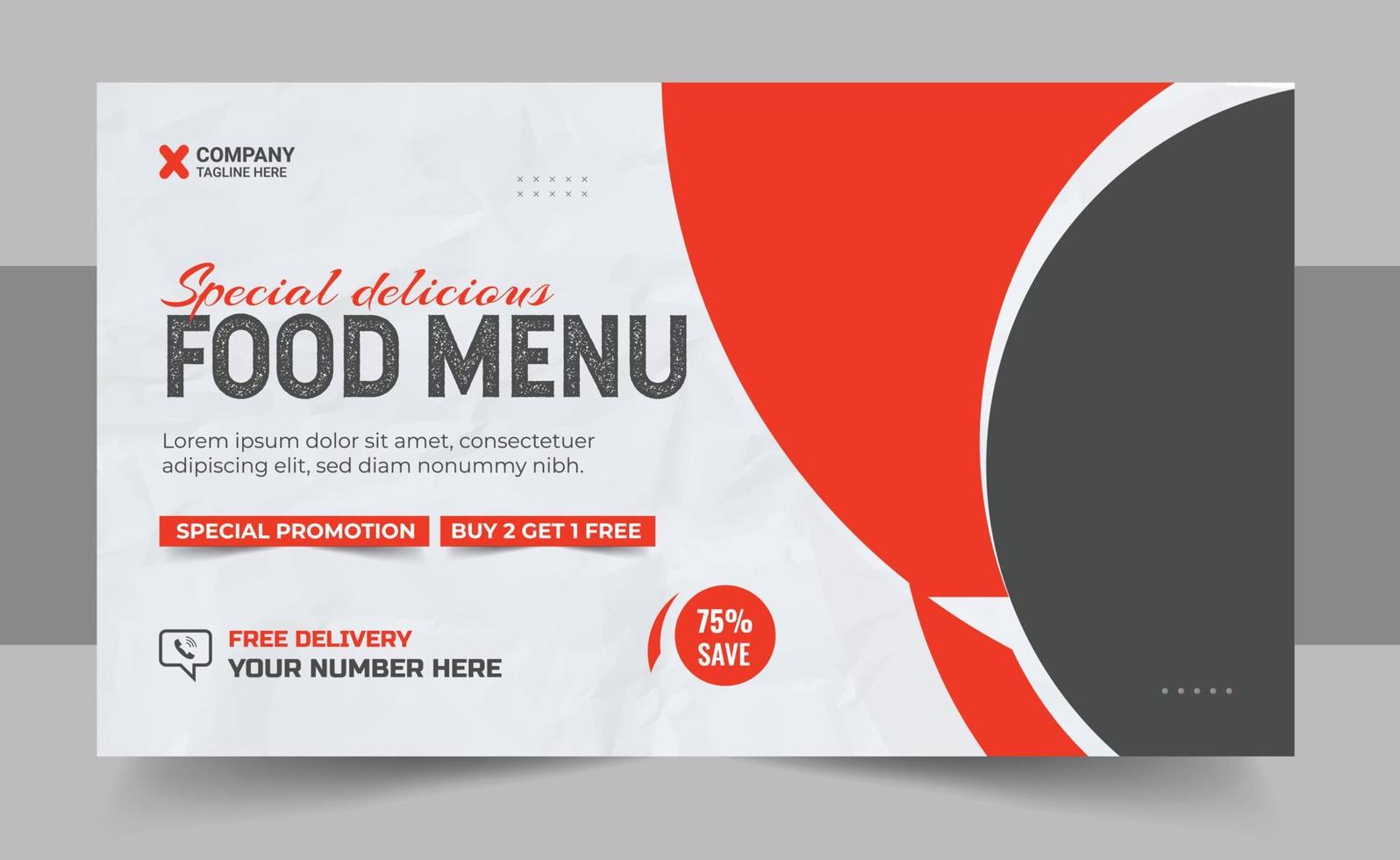 Restaurant food menu social media marketing web banner design. Pizza, burger or hamburger online sale promotion video thumbnail. Fast food website background. Food flyer with logo and business icon vector