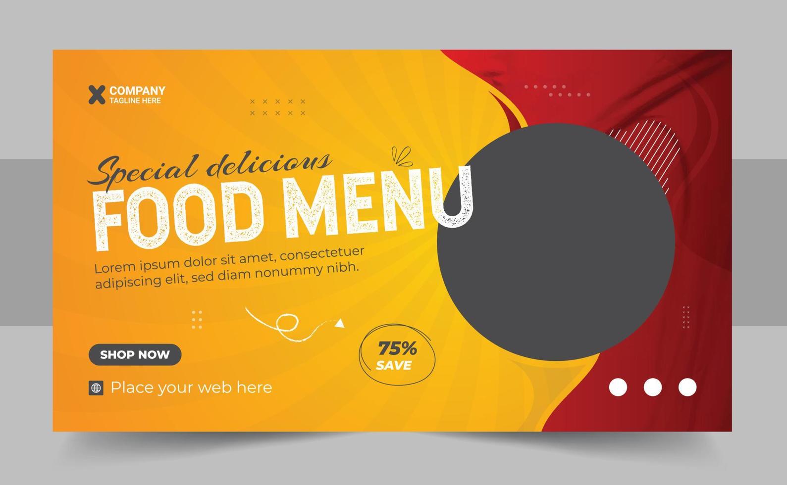 Restaurant food menu social media marketing web banner design. Pizza, burger or hamburger online sale promotion video thumbnail. Fast food website background. Food flyer with logo and business icon vector