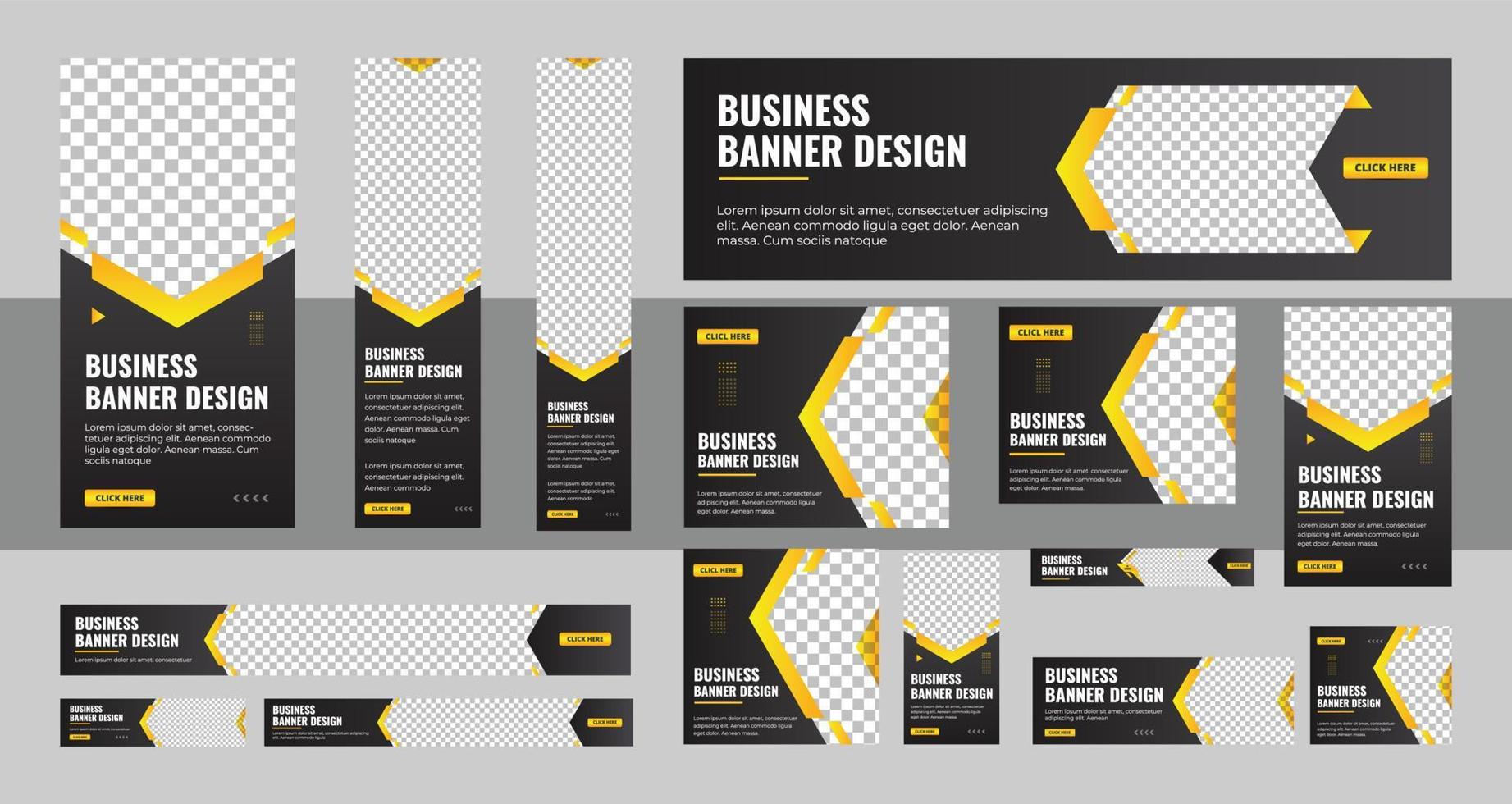 set of creative web banners of standard size with a place for photos. Gradient black. Business ad banner. Vertical, horizontal and square template vector