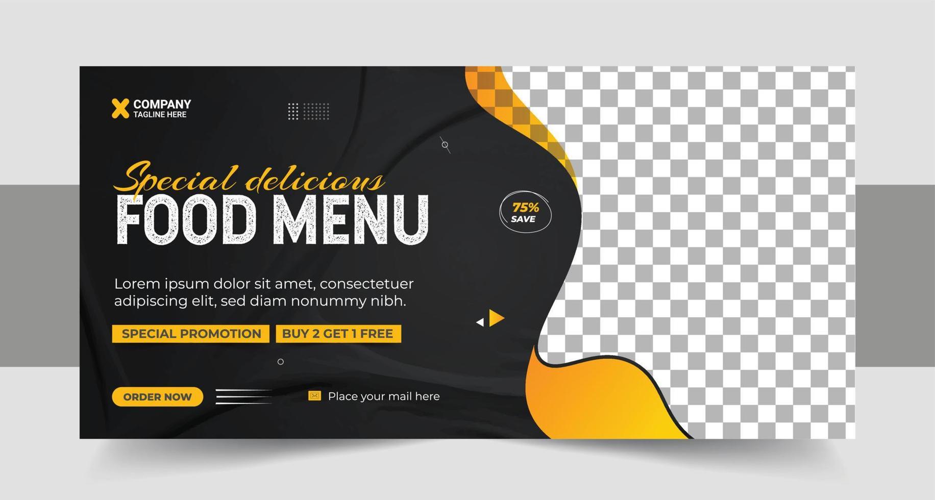 Restaurant food menu social media marketing web banner. Pizza, burger or hamburger online sale promotion video thumbnail. Fast food website background. Food flyer with logo vector