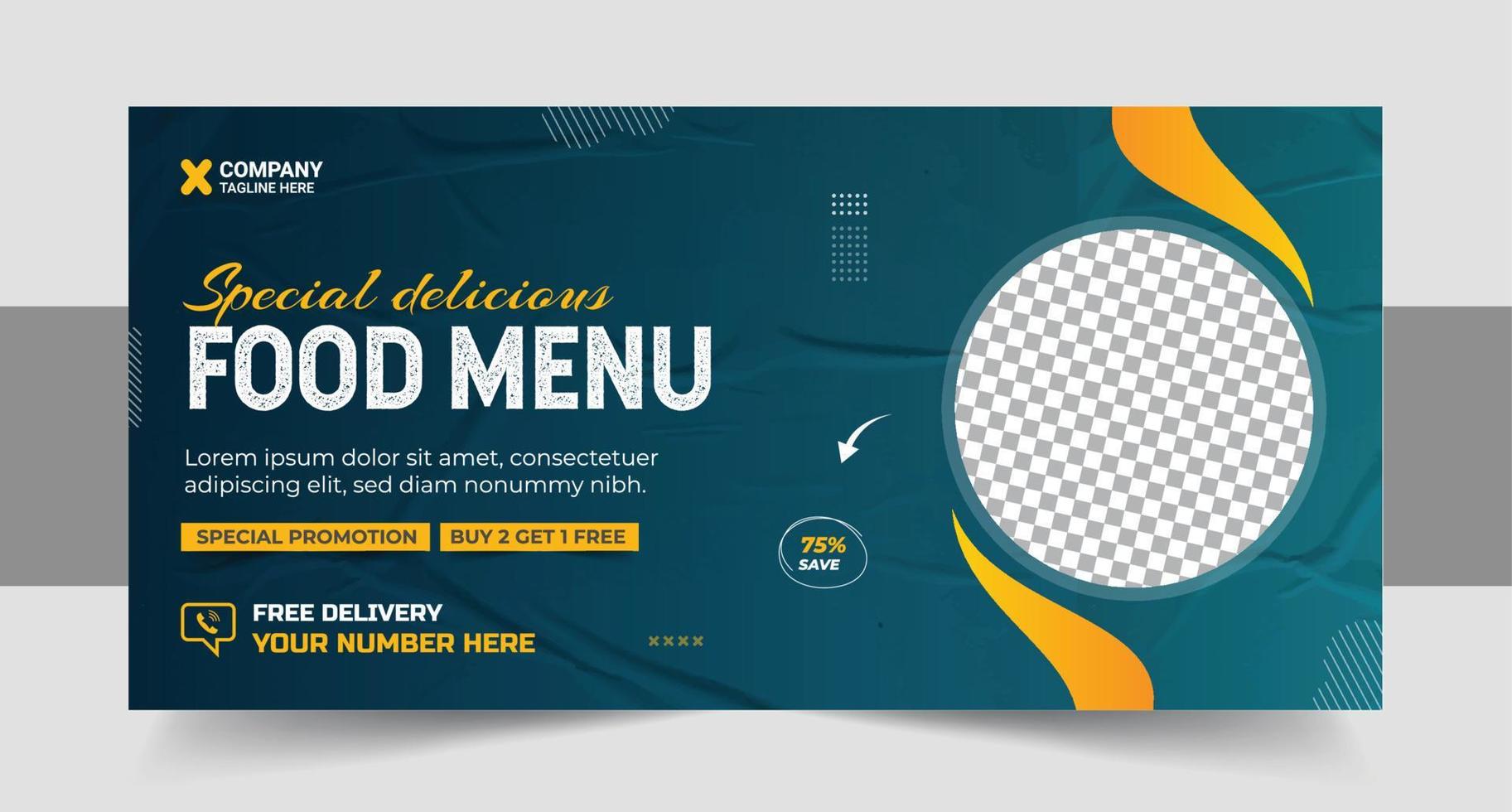 Restaurant food menu social media marketing web banner. Pizza, burger or hamburger online sale promotion video thumbnail. Fast food website background. vector