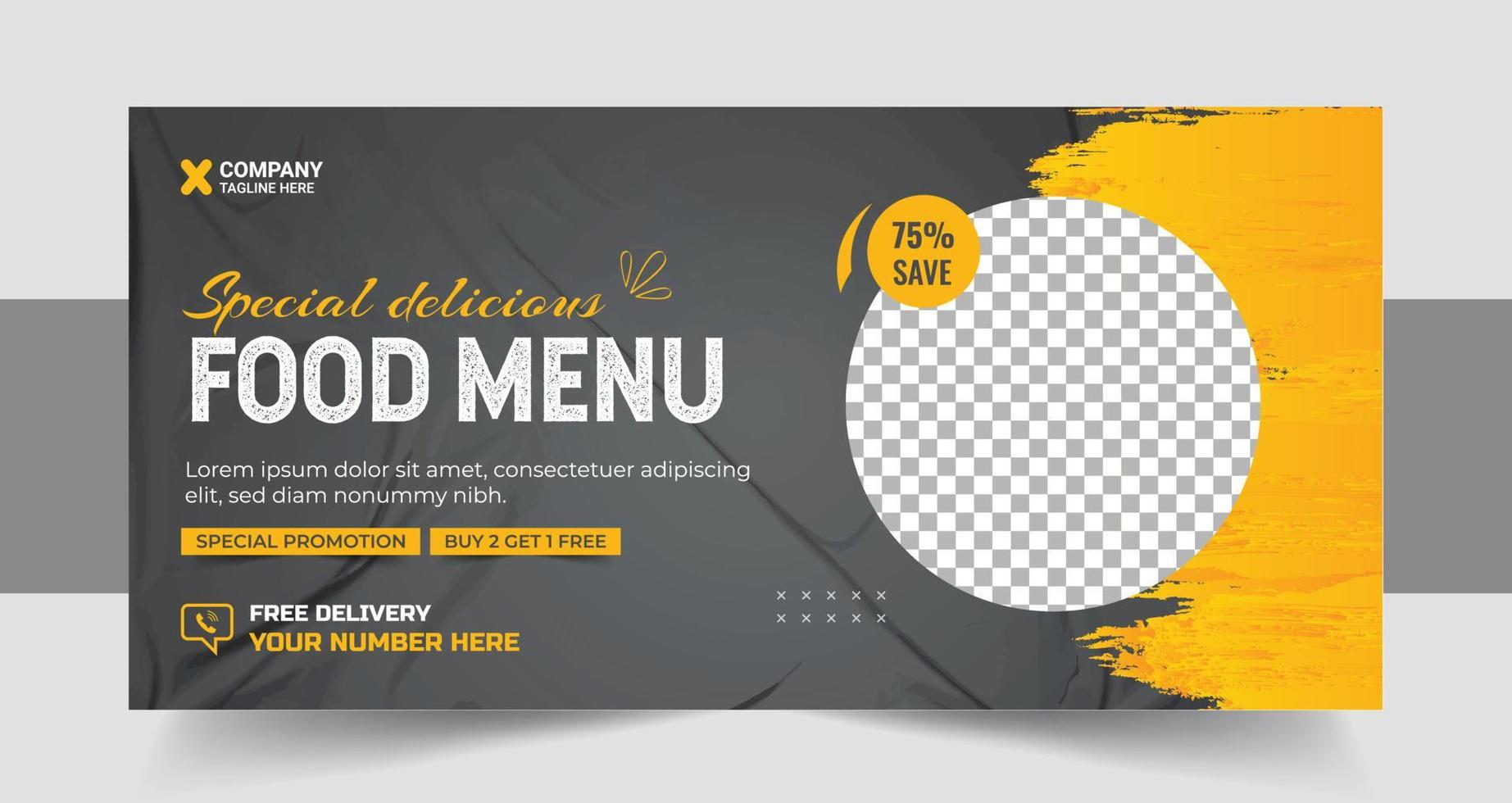 Restaurant food menu social media marketing web banner. Pizza, burger or hamburger online sale promotion video thumbnail. Fast food website background. vector