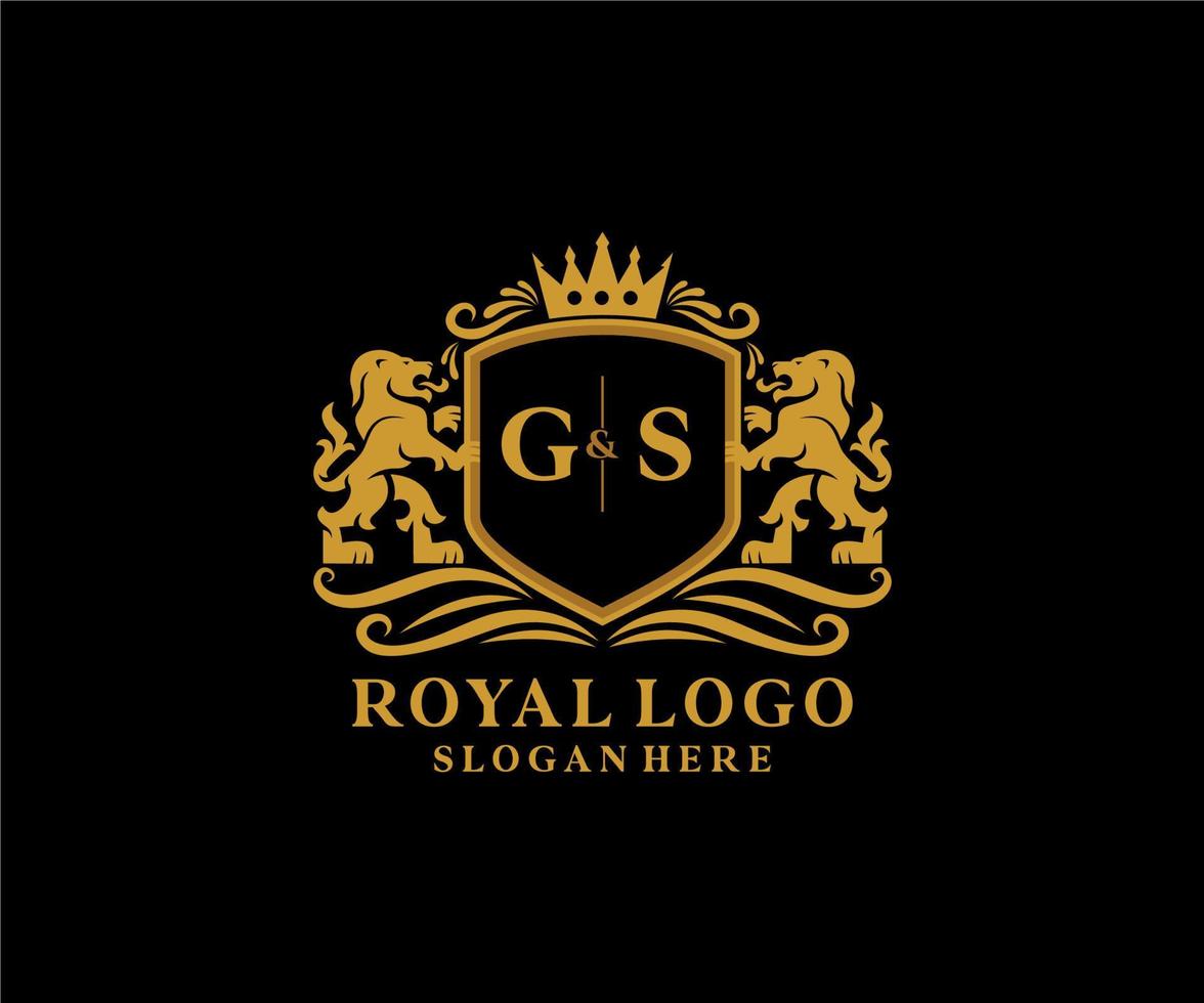 Initial GS Letter Lion Royal Luxury Logo template in vector art for Restaurant, Royalty, Boutique, Cafe, Hotel, Heraldic, Jewelry, Fashion and other vector illustration.