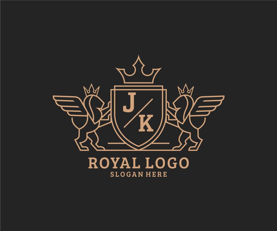 Initial JK Letter Lion Royal Luxury Heraldic,Crest Logo template in vector art for Restaurant, Royalty, Boutique, Cafe, Hotel, Heraldic, Jewelry, Fashion and other vector illustration.