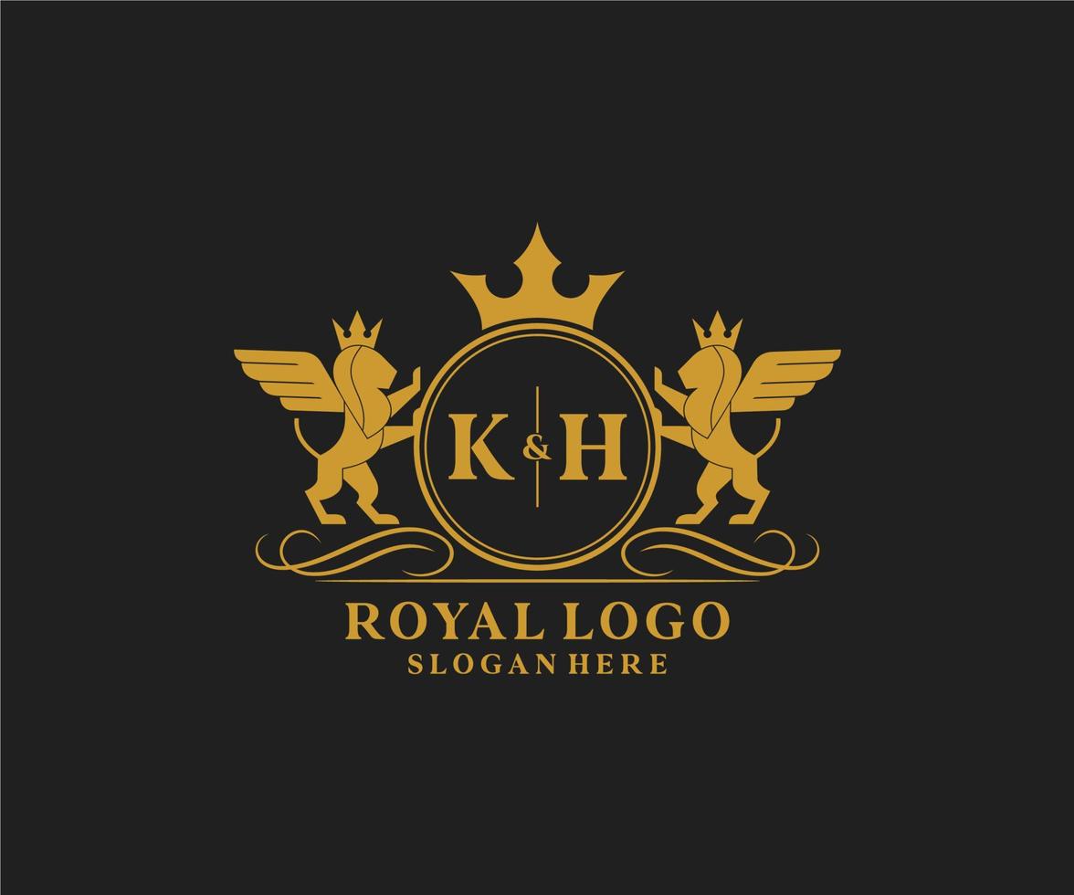 Initial KH Letter Lion Royal Luxury Heraldic,Crest Logo template in vector art for Restaurant, Royalty, Boutique, Cafe, Hotel, Heraldic, Jewelry, Fashion and other vector illustration.