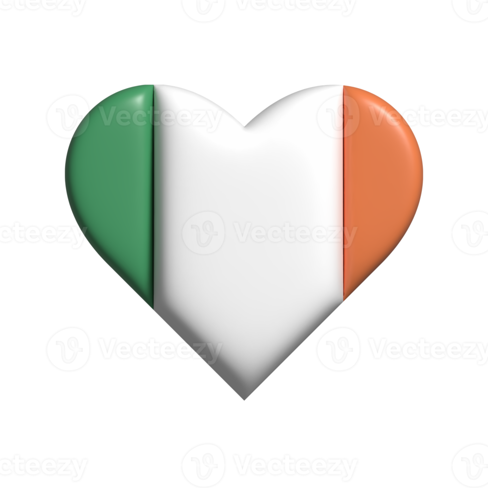 Ireland heart flag shape. 3d render png