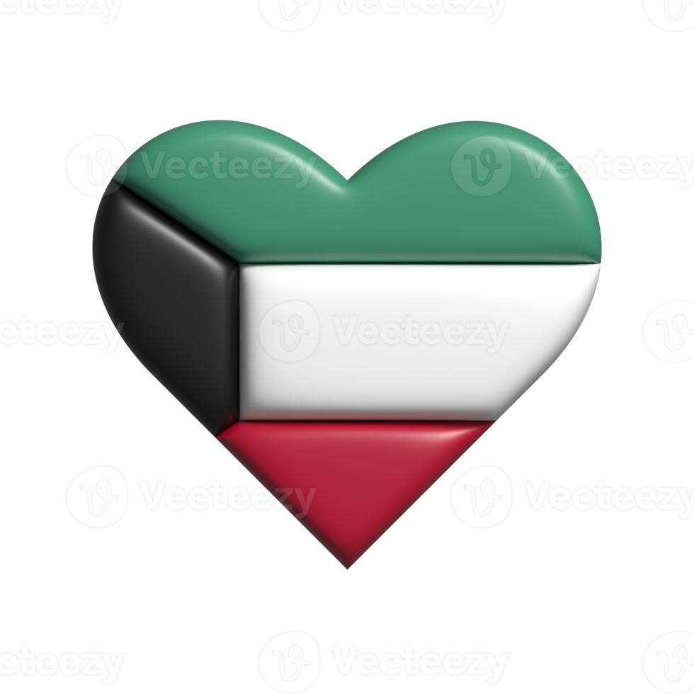 Kuwait heart flag shape. 3d render png