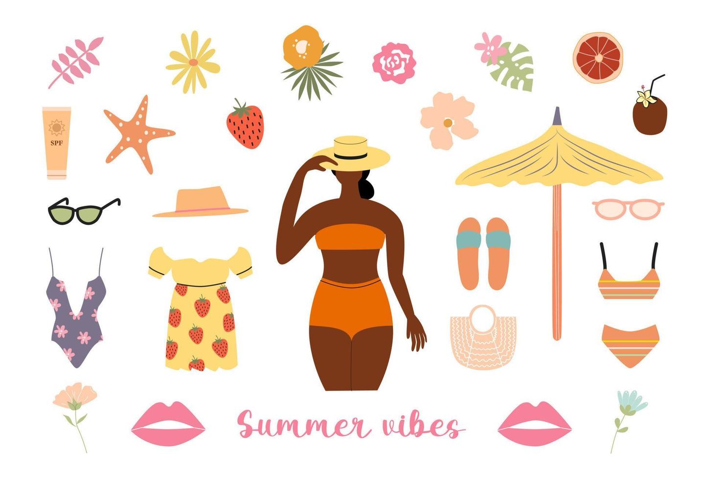 Big summer vector clipart. Summer beach accessories. Tanned girl in bikini and hat. Beach umbrella, bikini, swim wear, flowers, tropical leaves, fruits, cocktail. Summer vibes concept isolated
