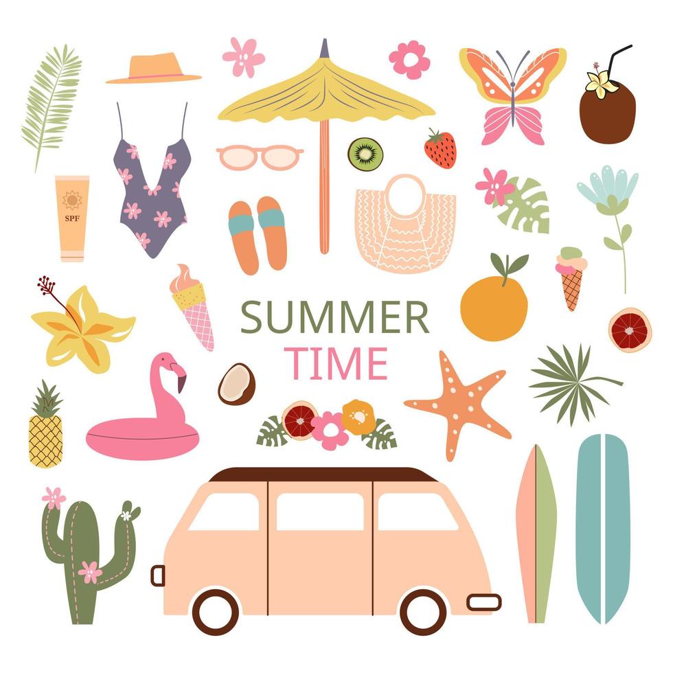 Summer sunny fruity clipart. Butterfly, fruits, tropical exotic leaves and flowers, flamingo, ice-cream, beach accessories, surf board. Summer time vibes. vector