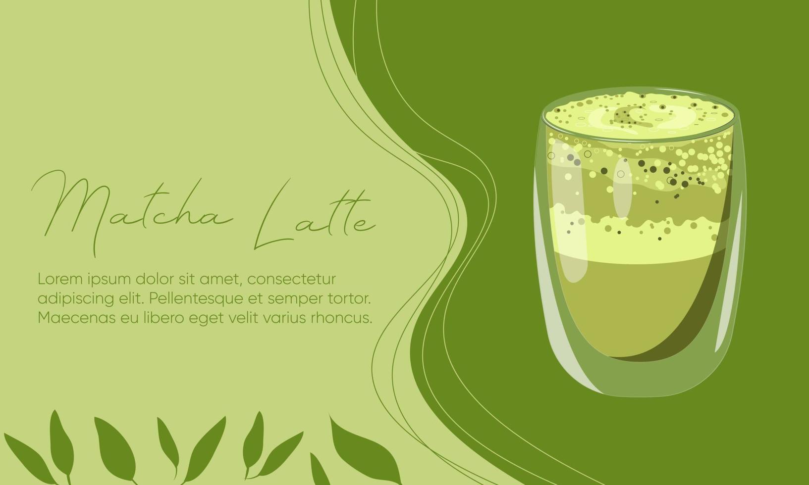 Japanese matcha latte, tea glass cup set on mibimalistic green background. Matcha Latte banner with leaves vector