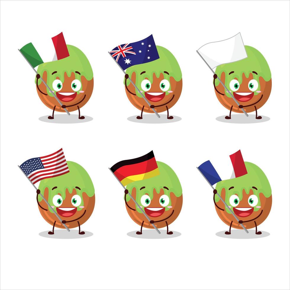 Choco green candy cartoon character bring the flags of various countries vector