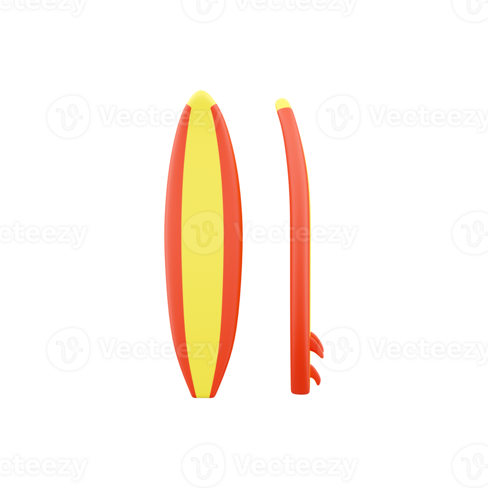 3d framställa gul och röd surfbräda. 3d tolkning surfingbräda på vit bakgrund. 3d framställa surfingbräda illustration. png