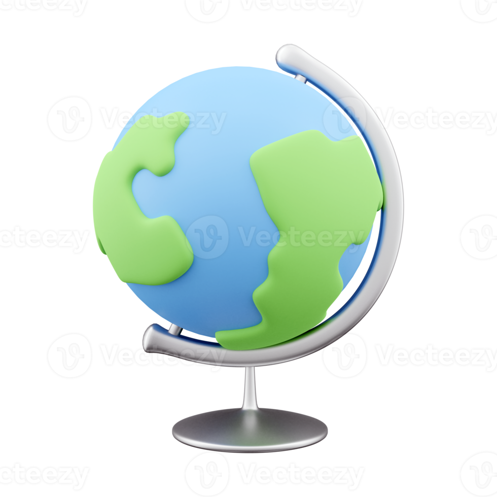 3d render cartoon Earth globe. 3d render Planet Earth icon model with world map on base isolated on white background. 3d rendering globe icon. png