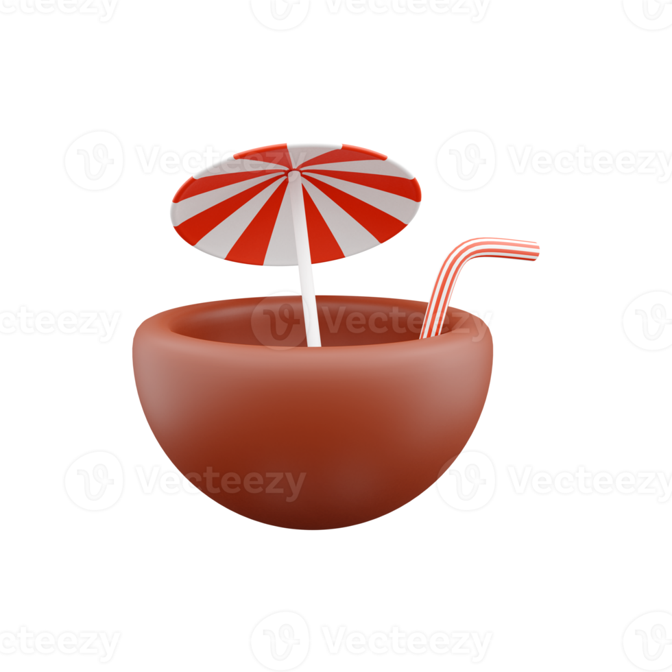 3d render coconut cocktails with umbrella. 3d rendering coconut cocktail illustration. 3d render coconut cocktail with umbrella. png