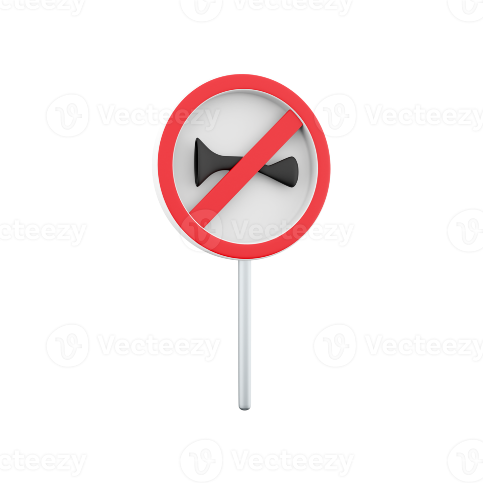 3d render no horn road sign isolated on white background. Crossed signal horn icon, prohibition of harsh sounds. Prohibit ringing. 3d rendering signal horn cartoon icon. png