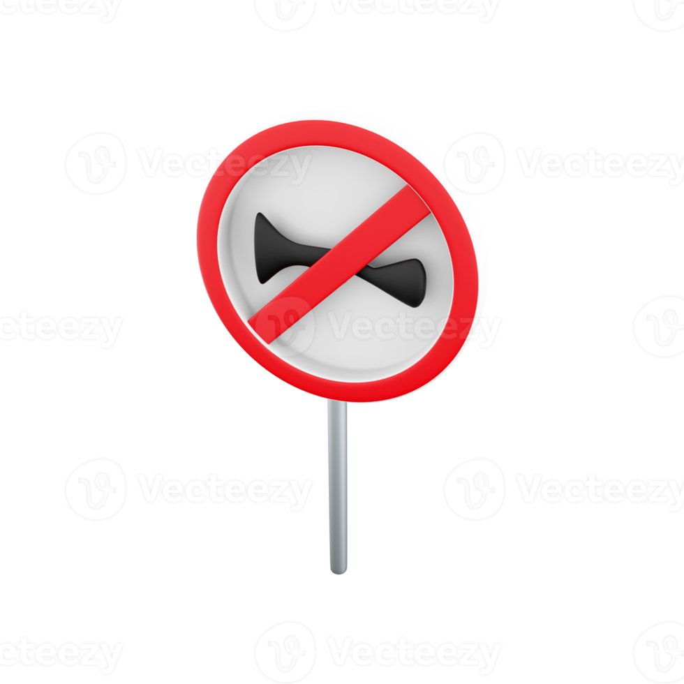 3d render no horn road sign isolated on white background. Crossed signal horn icon, prohibition of harsh sounds. Prohibit ringing. 3d rendering signal horn cartoon icon. png