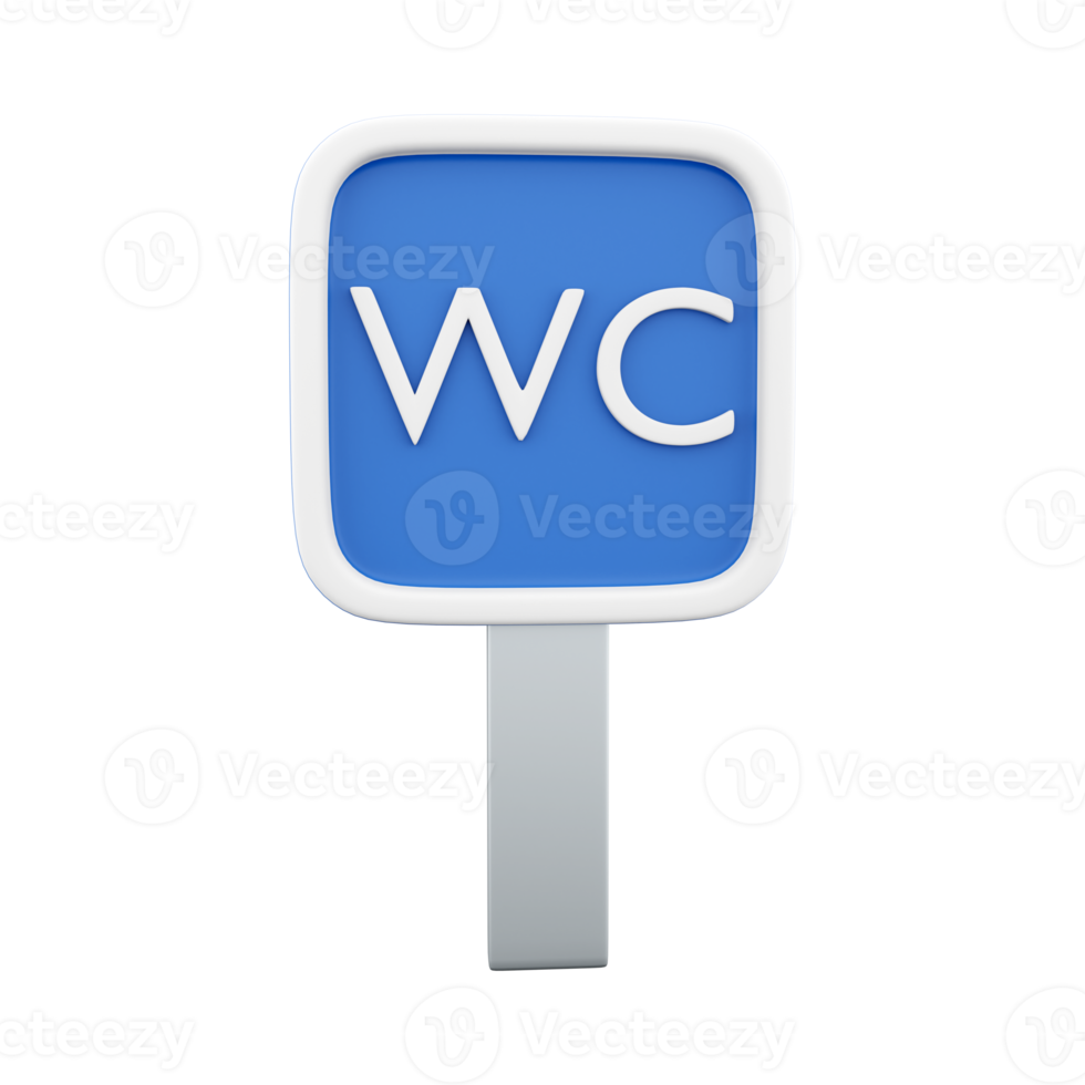 3d render public toilet road sign.Blue square road sign with WC text inside. Toilet icon isolated on white background. 3d rendering toilet sign, cartoon icon. png