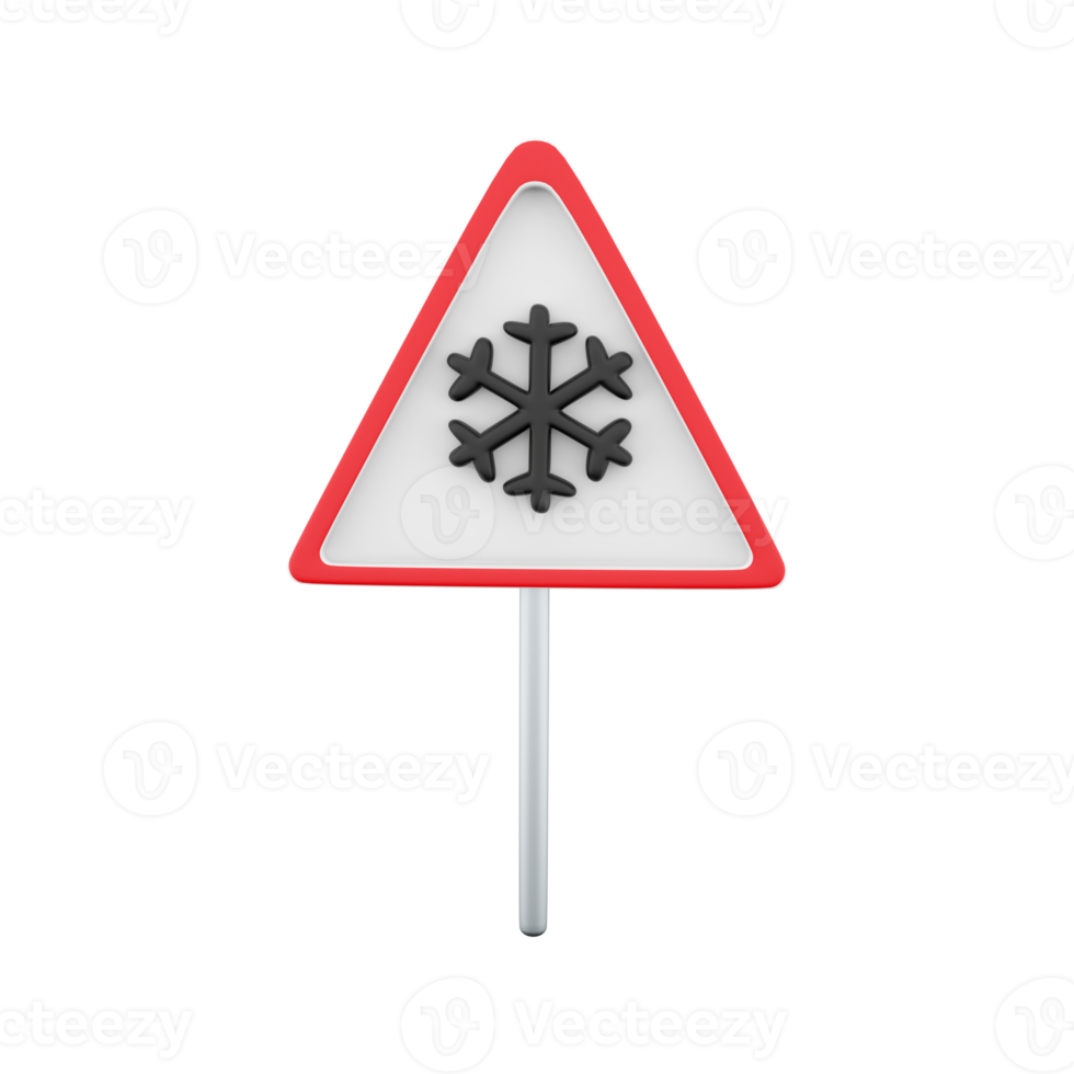 3D render illustration of triangle road sign for cold icon. 3D render snow road sign icon on white background. png
