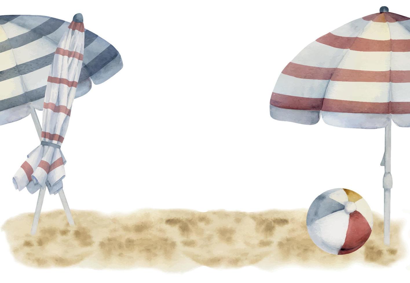 Hand drawn watercolor composition. Striped beach accessories, umbrellas and ball on sand. Isolated on white background. Design wall art, wedding, print, fabric, cover, card, tourism, travel booklet. vector