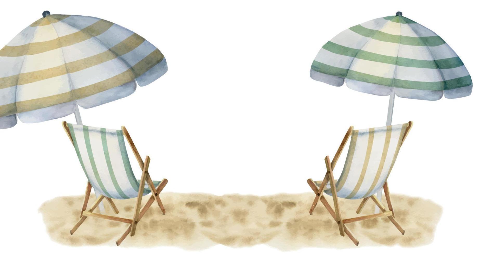 Hand drawn watercolor composition. Striped beach accessories, umbrellas and chairs on sand. Isolated on white background. Design wall art, wedding, print, fabric, cover, card, tourism, travel booklet. vector