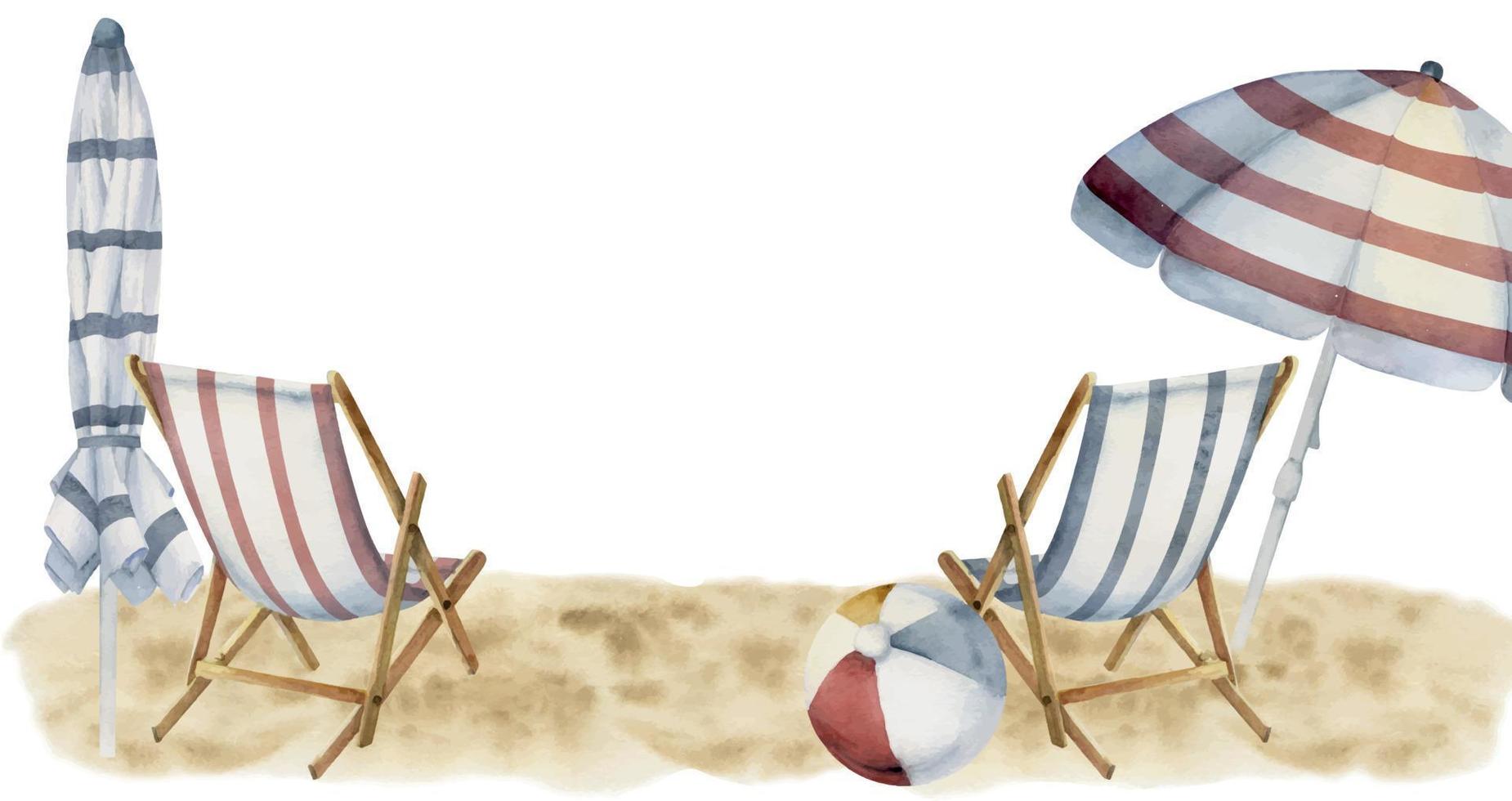 Hand drawn watercolor composition. Striped beach accessories, umbrellas and chairs on sand. Isolated on white background. Design wall art, wedding, print, fabric, cover, card, tourism, travel booklet. vector