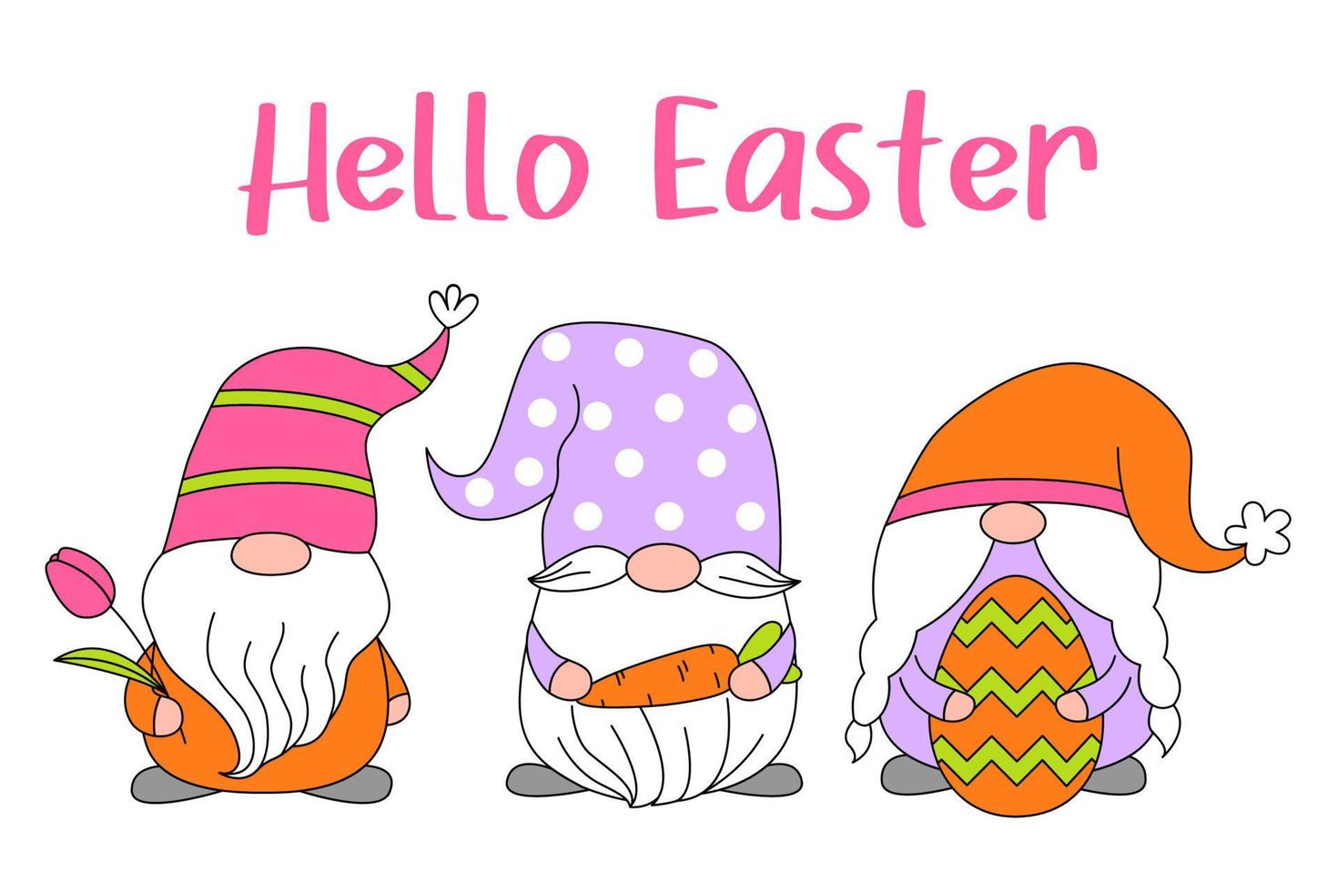 Set cute gnomes with eggs, carrot, tulip for Easter and spring. Happy Easter. Doodle cartoon style. Vector draw illustration for greeting card, poster, banner, stickers, invitation.